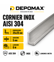Cornier inox AISI 304, 25 x 25 x 5 mm, 6 metri